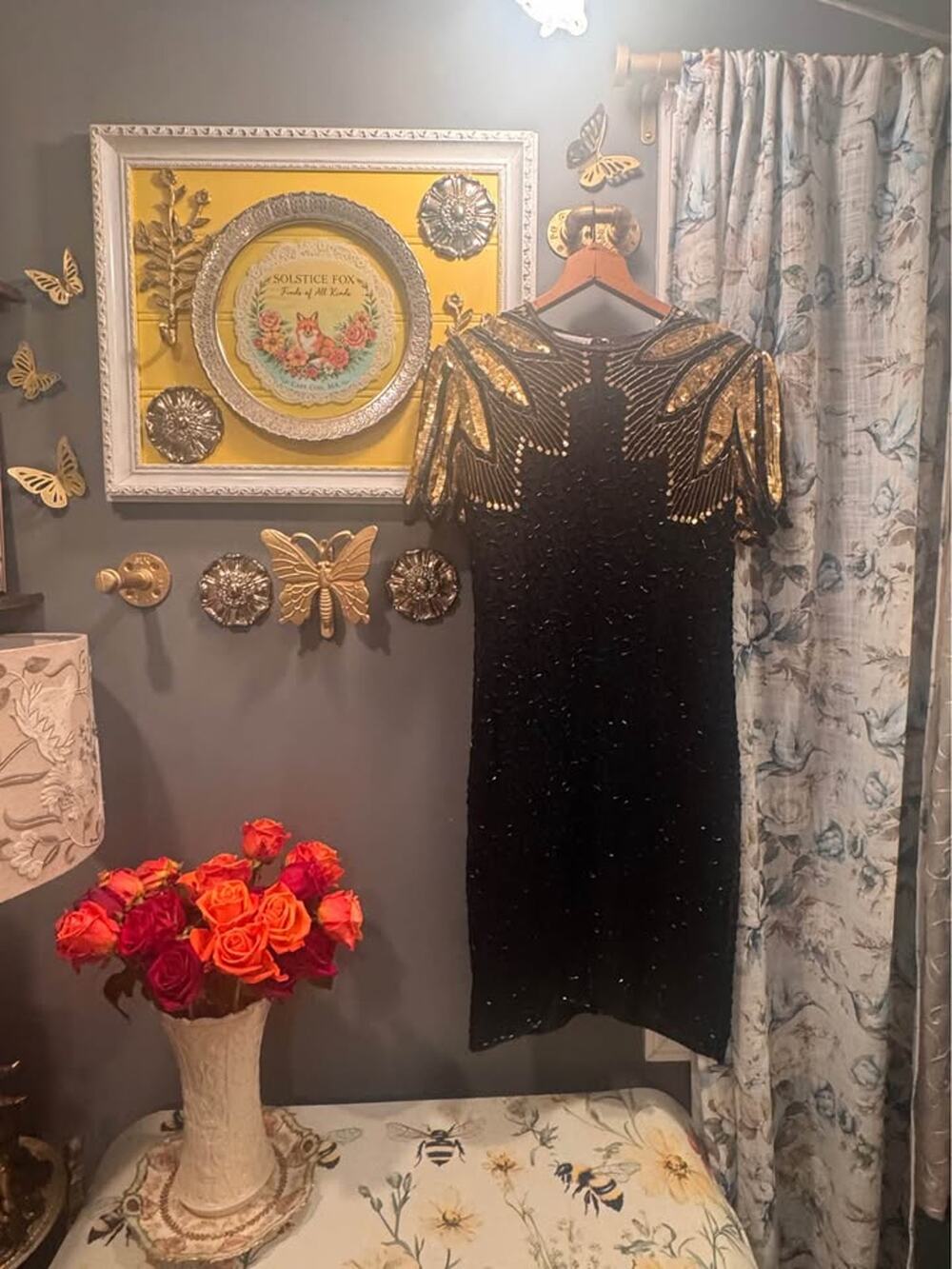 Vintage S. Henry Black Silk Beaded & Gold Sequin Evening Dress – Size 8